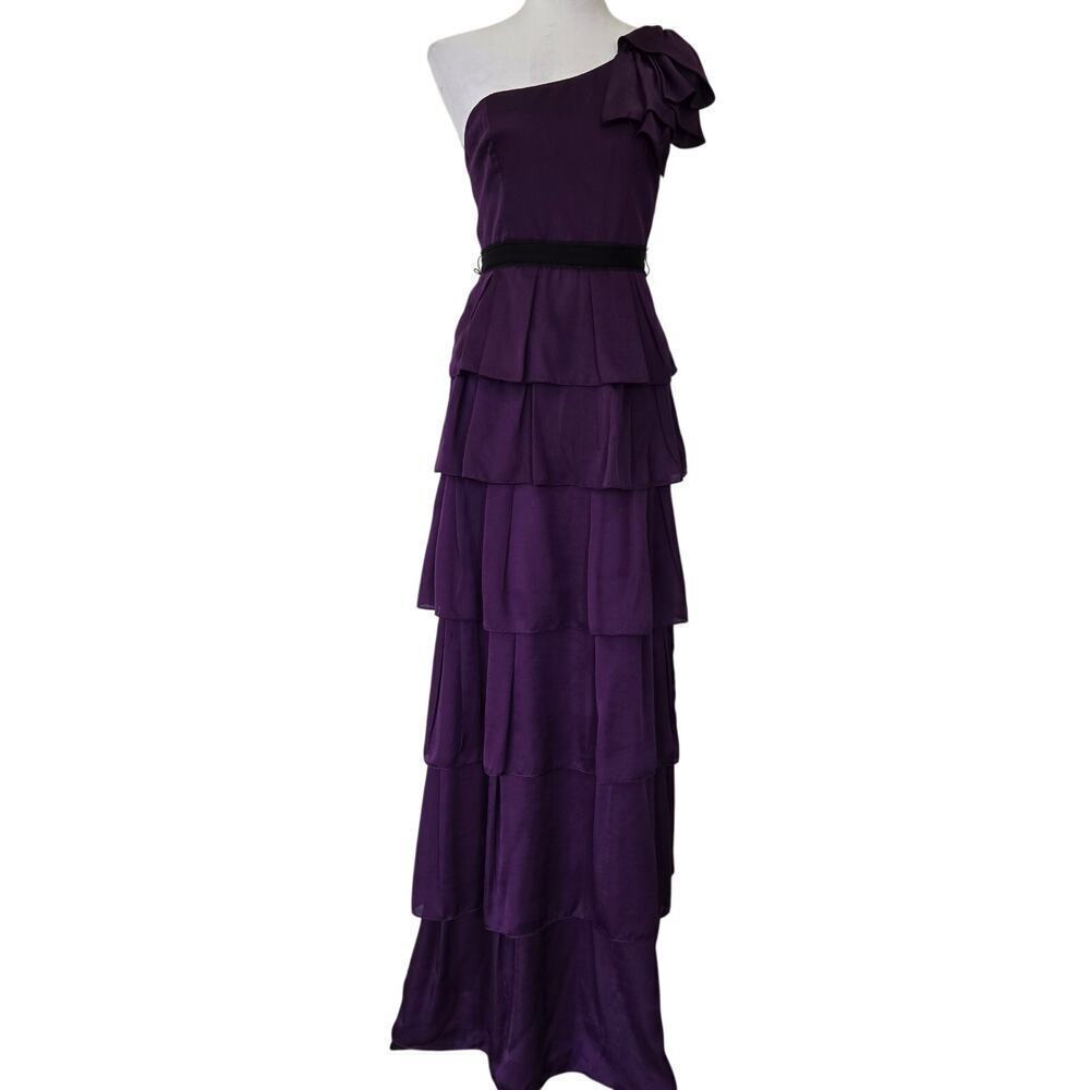 BCBGMAXAZRIA Purple Satin One-Shoulder Tiered Maxi Dress Sz 4 Formal Evening